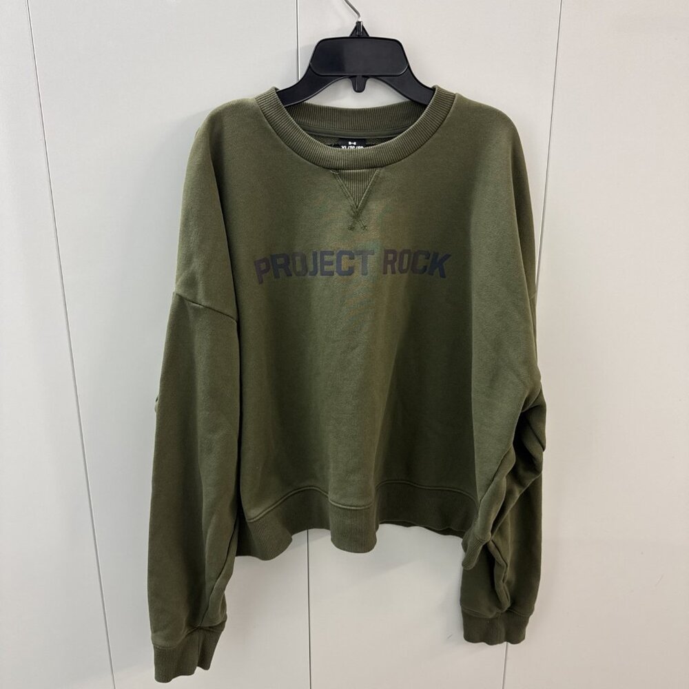 Women’s Green Under Armour Project Rock Pullover Sweatshirt XL Legs Day Cropped
